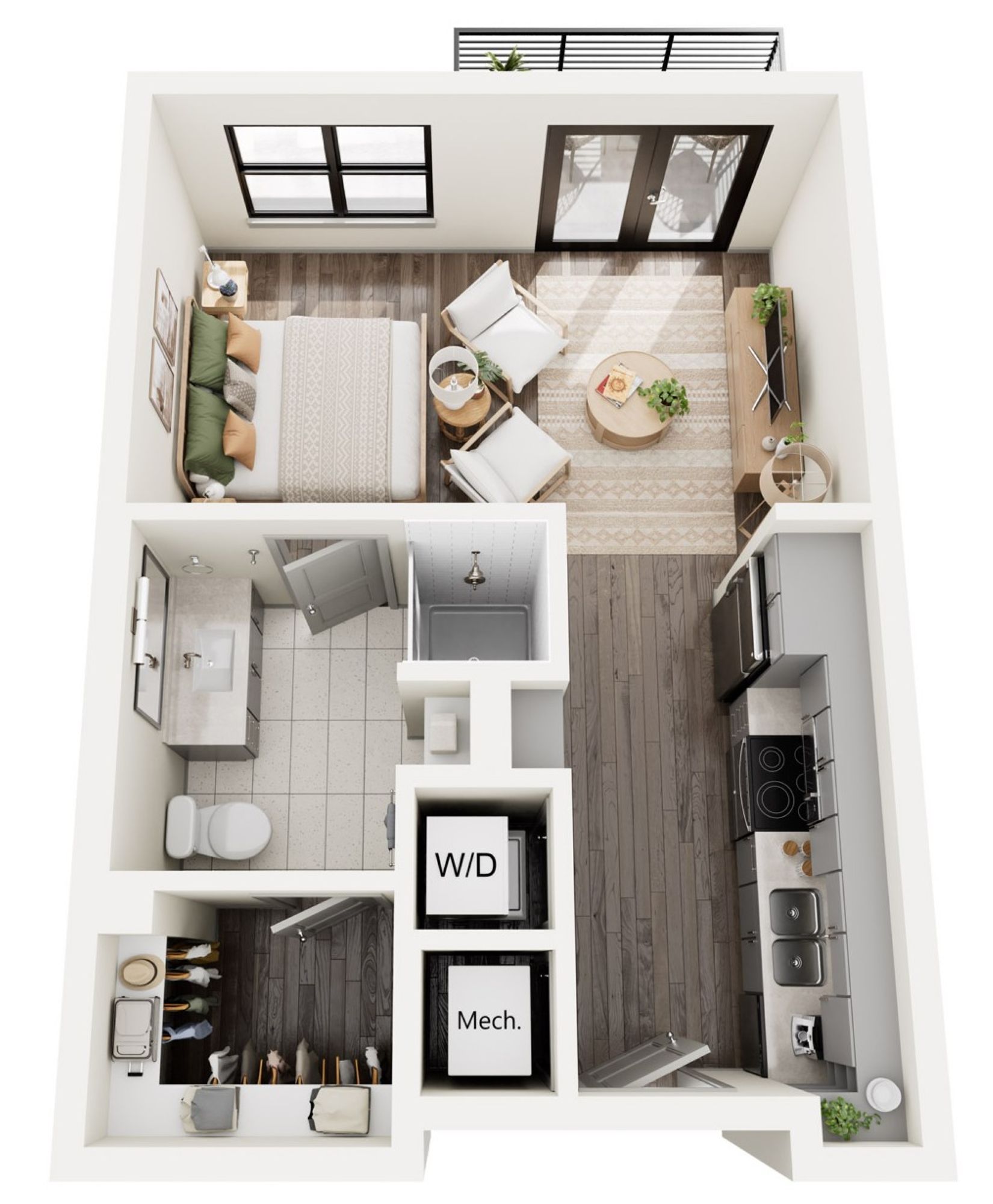 A top-down view of a modern studio apartment layout. Includes a bedroom, living area with balcony, kitchen, and bathroom with W/D.