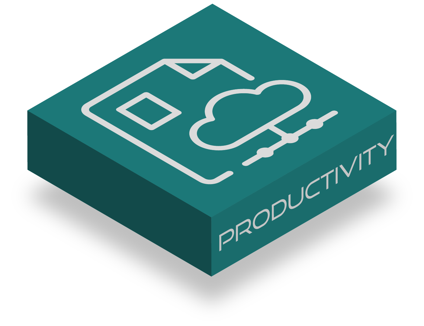 An isometric box with the word productivity on it