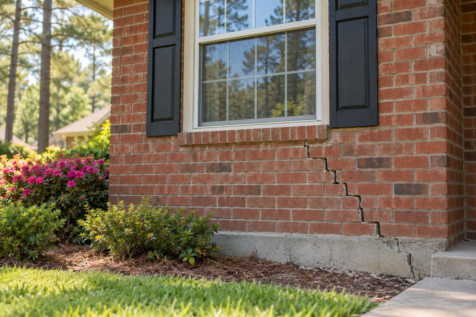 Brick house wall with a diagonal foundation crack below a window and black shutters