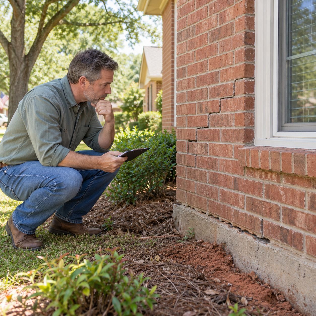 Man crouching by a brick house, inspecting a foundation crack with a tablet