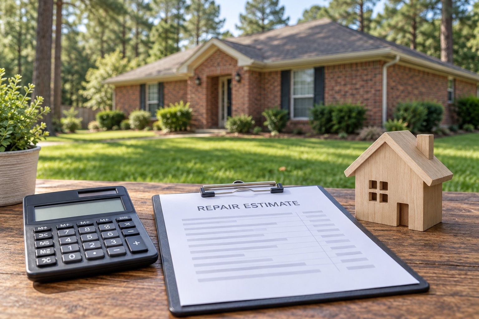 Calculator and contract on a clipboard beside a small house model, with a brick home in the background.