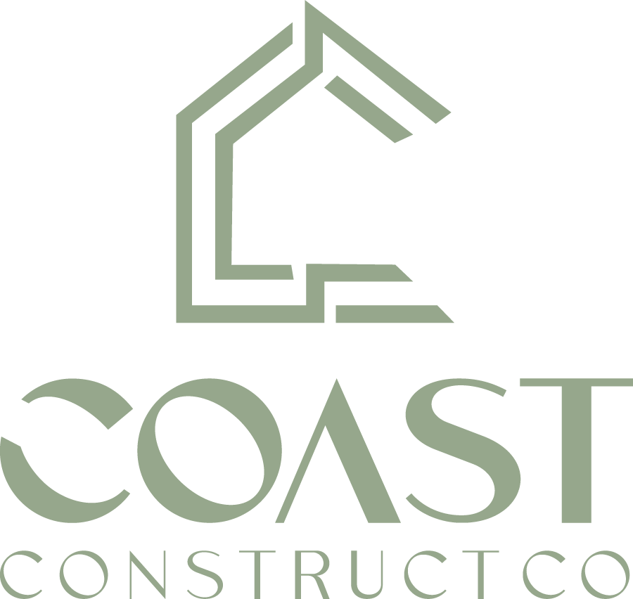 Logo for Coast Construct Co. with a house outline and text in olive green.