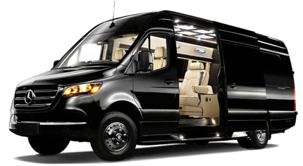 Black Mercedes-Benz Sprinter van with open side door revealing a beige luxury interior
