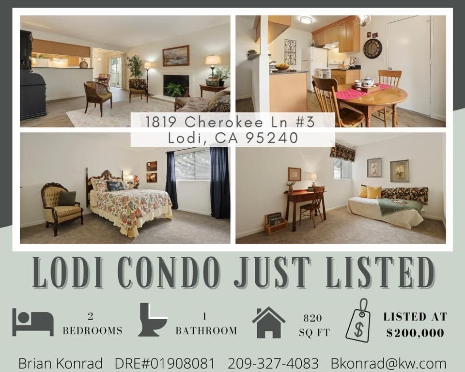 Real estate flyer: Condo listing in Lodi, CA, with photos, details, and contact information.