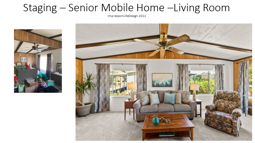 Before and after comparison of a staged senior mobile home living room with new furniture and decor.