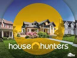 House Hunters logo over suburban homes with a large yellow circle and HGTV branding