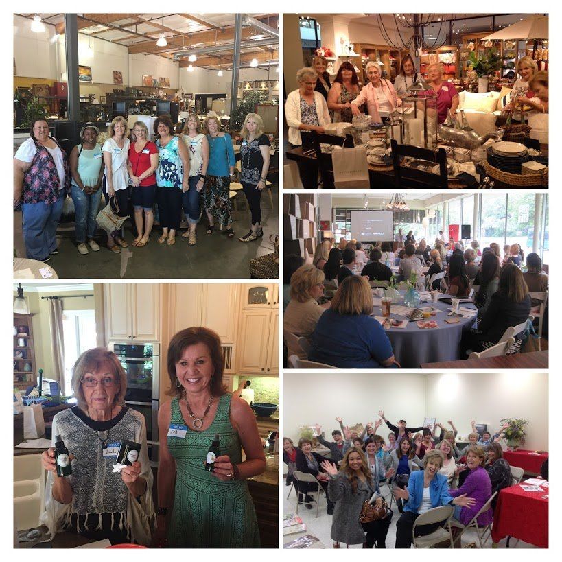 Collage of women at events: in a store, at tables, with products, a presentation, and smiling together.