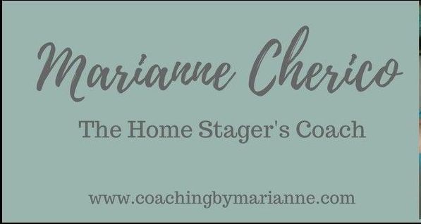 Logo for Marianne Cherico, The Home Stager's Coach, with a light teal background and gray text.
