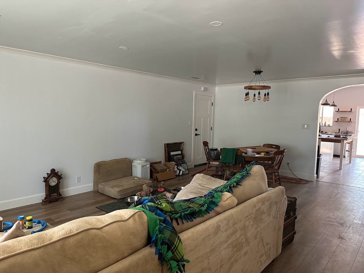 A living room with a beige couch, a peacock feather boa, and a dining area visible in the background.