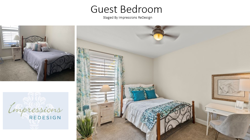 Guest bedroom redesign, showcasing a bed with teal accents and a white desk setup.