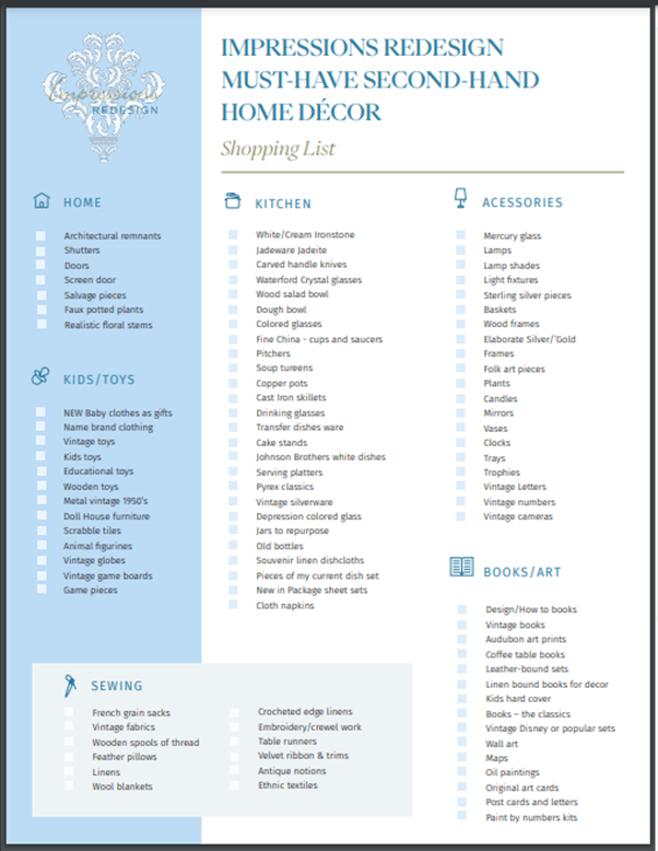 Shopping list for second-hand home decor, divided into categories. Light blue background with blue text.