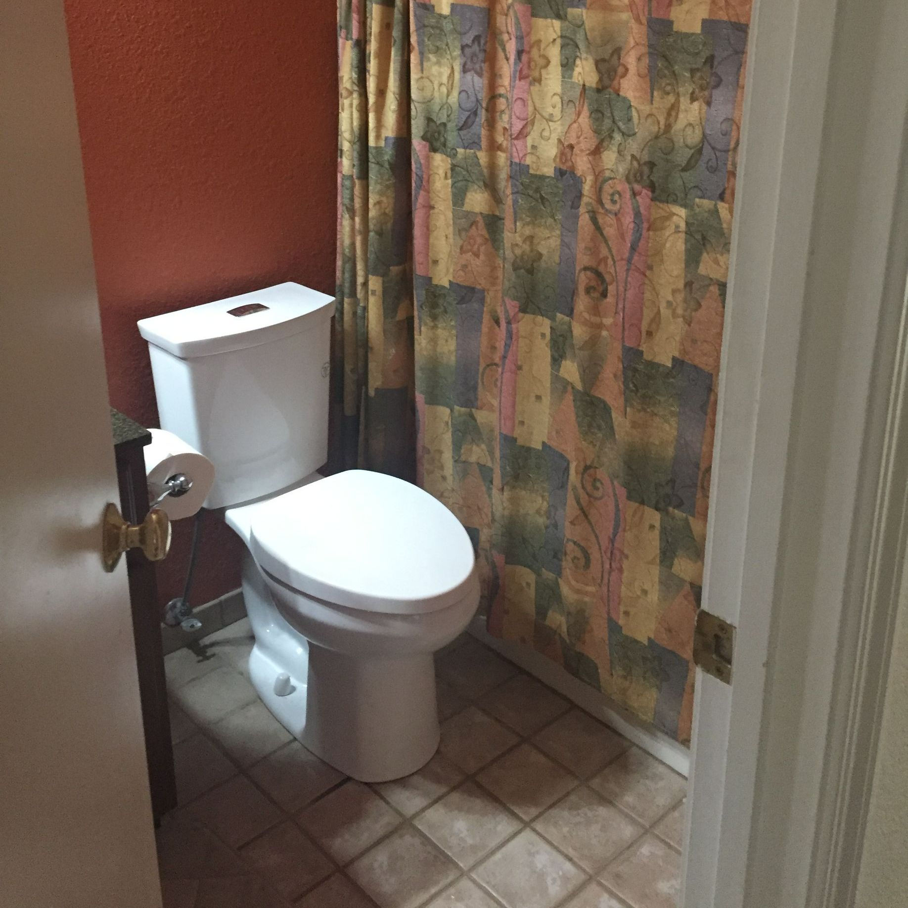 A toilet in a small bathroom with a patterned shower curtain and rust-colored wall.