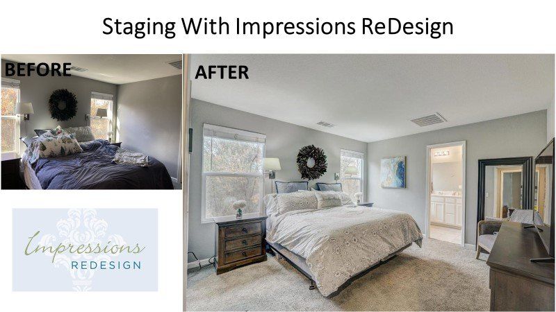 Bedroom before and after staging with Impressions ReDesign; gray walls, bed, decor.