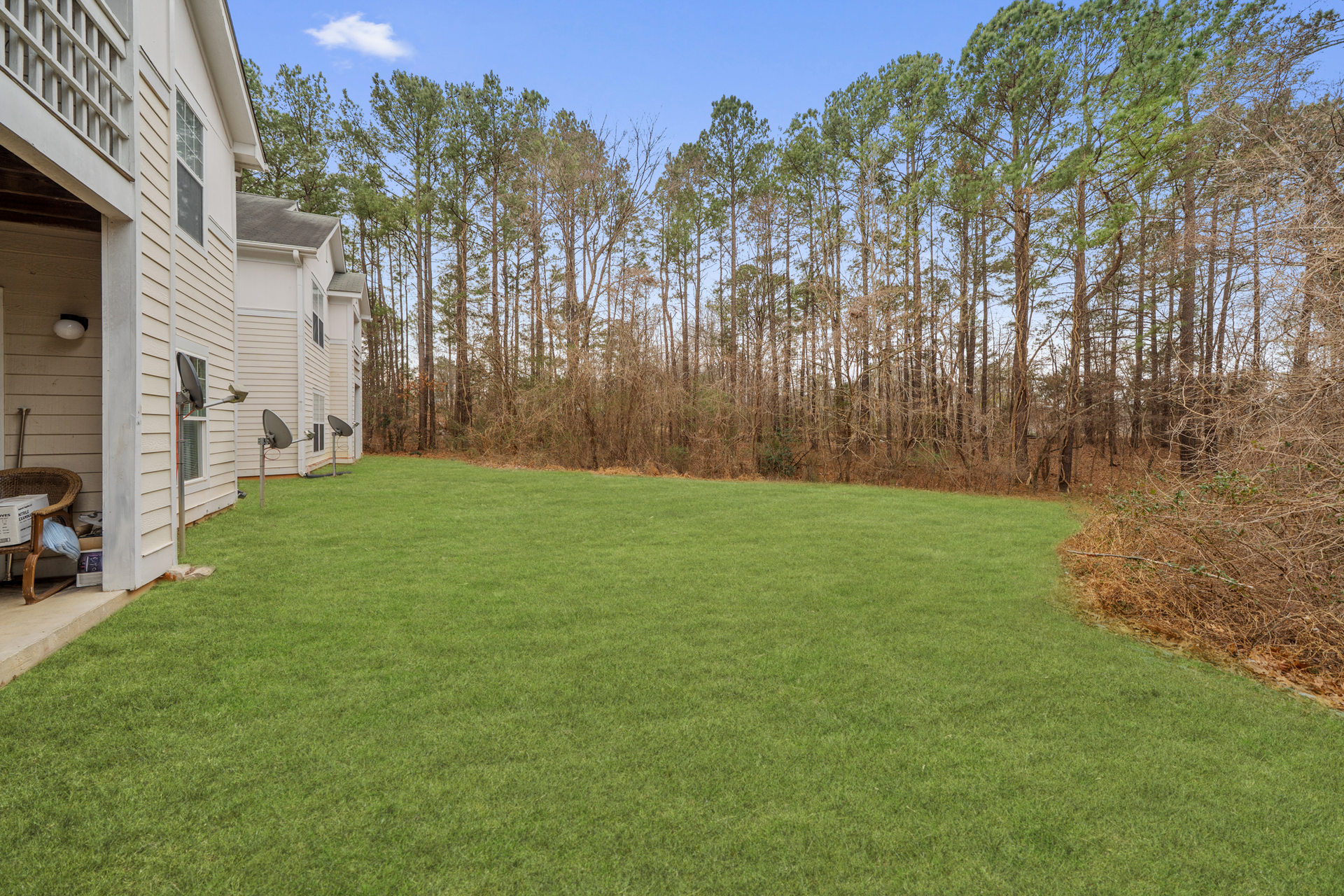 Lawn next to multi-story buildings and a treeline on a sunny day.