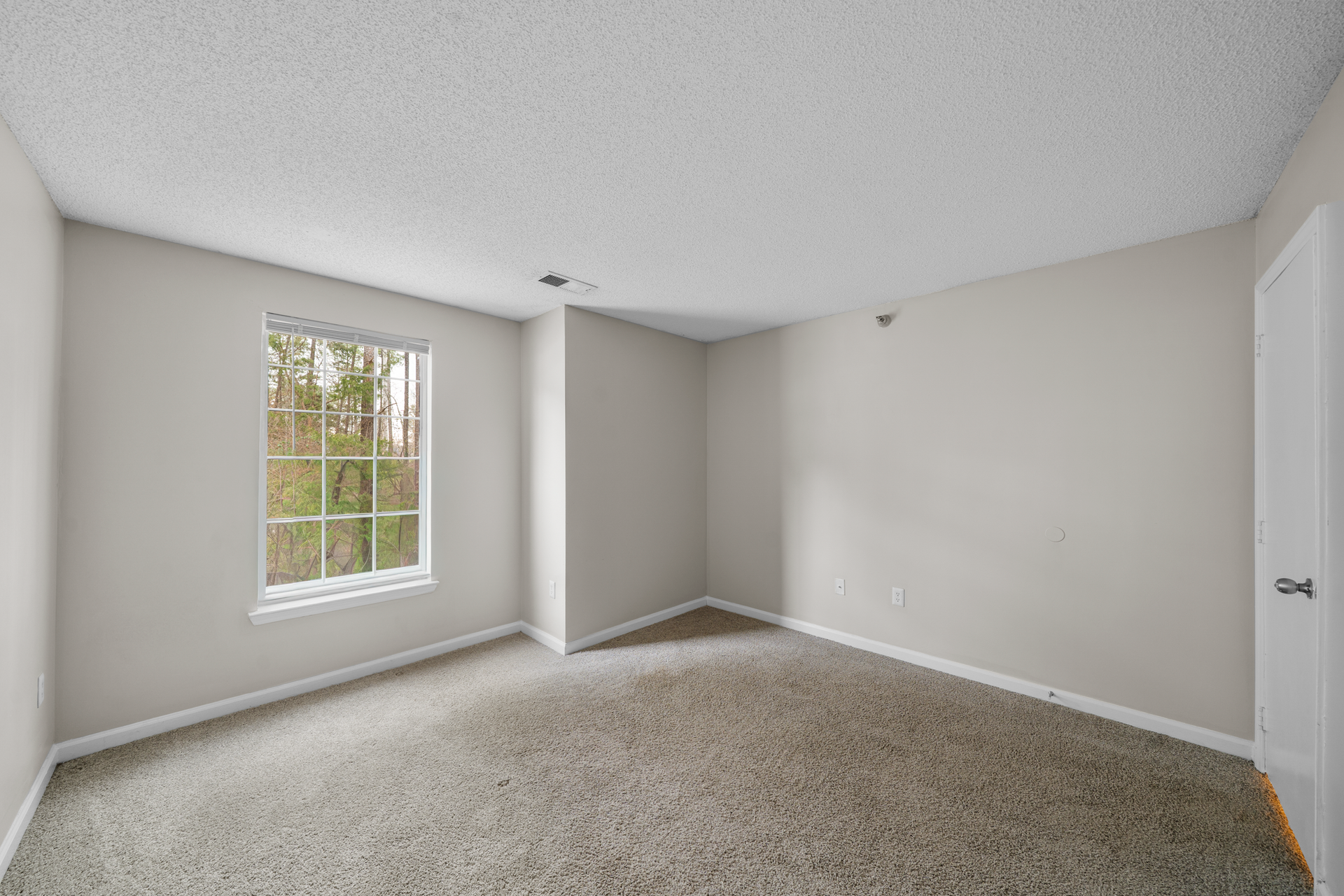 Empty bedroom with beige carpet, window, and white trim.