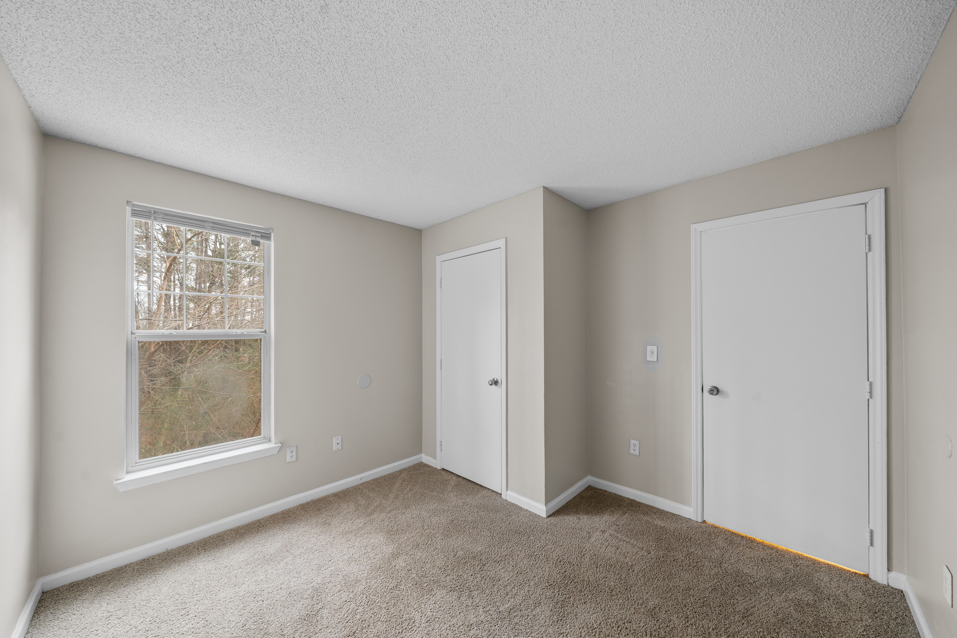 Empty bedroom with beige carpet, two white doors, and a window with outside view.