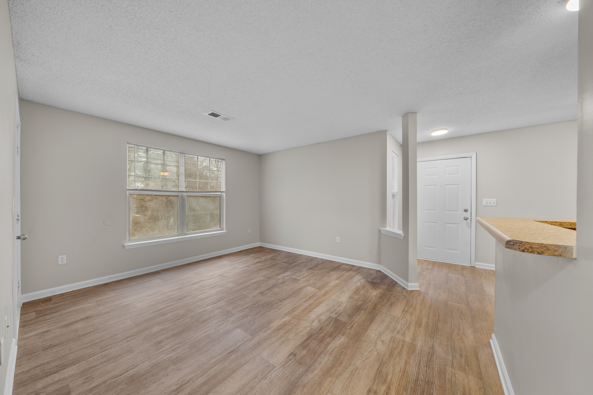 Empty living room with wood-look flooring, a window with curtains, and a doorway.
