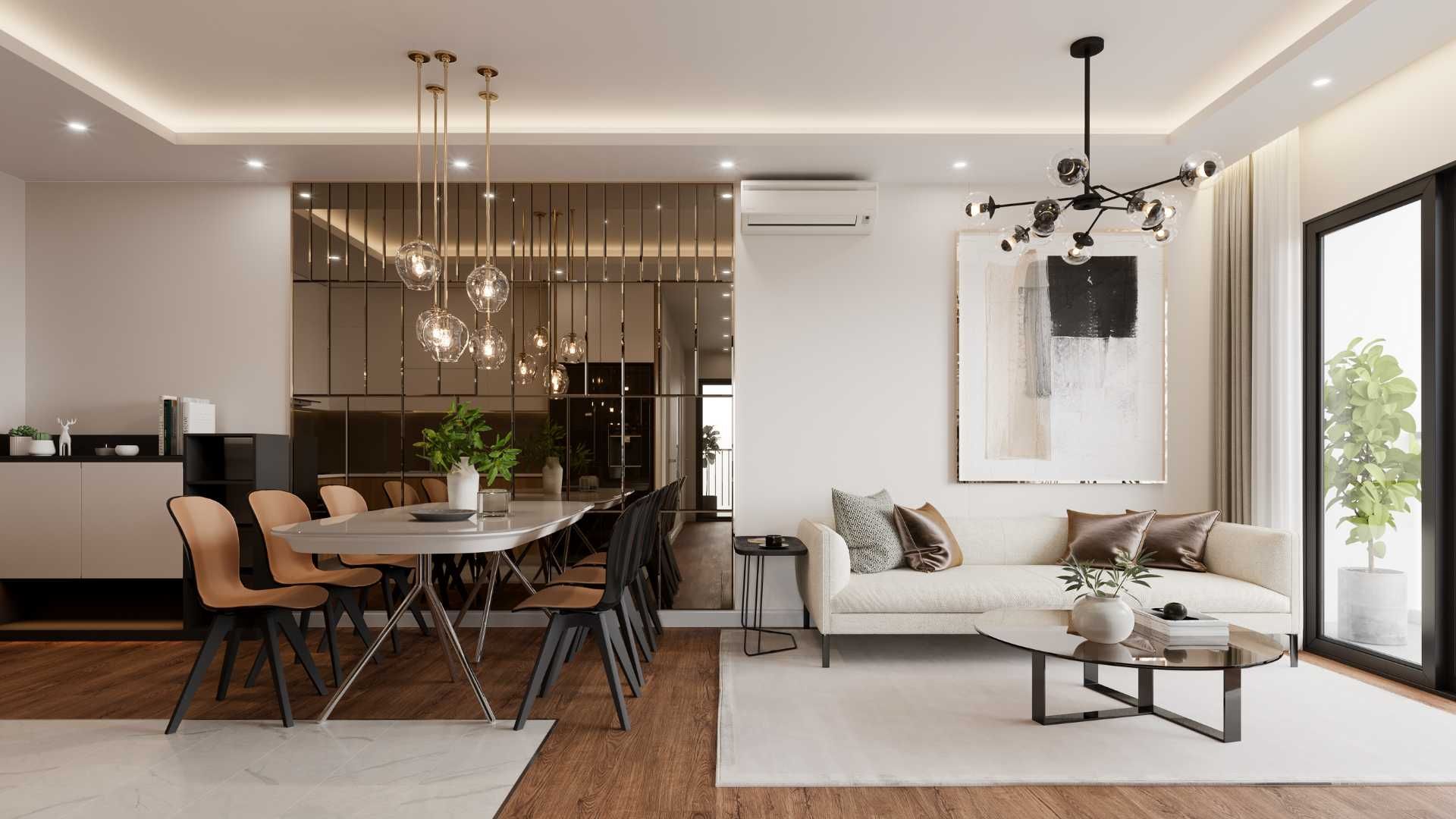 Modern living room with dining area, light-toned furniture, and large windows.