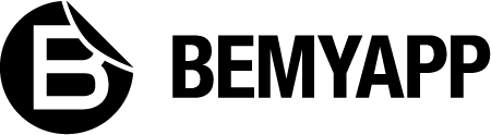 The logo for BEMYAPP, featuring a black circle containing a stylized white letter