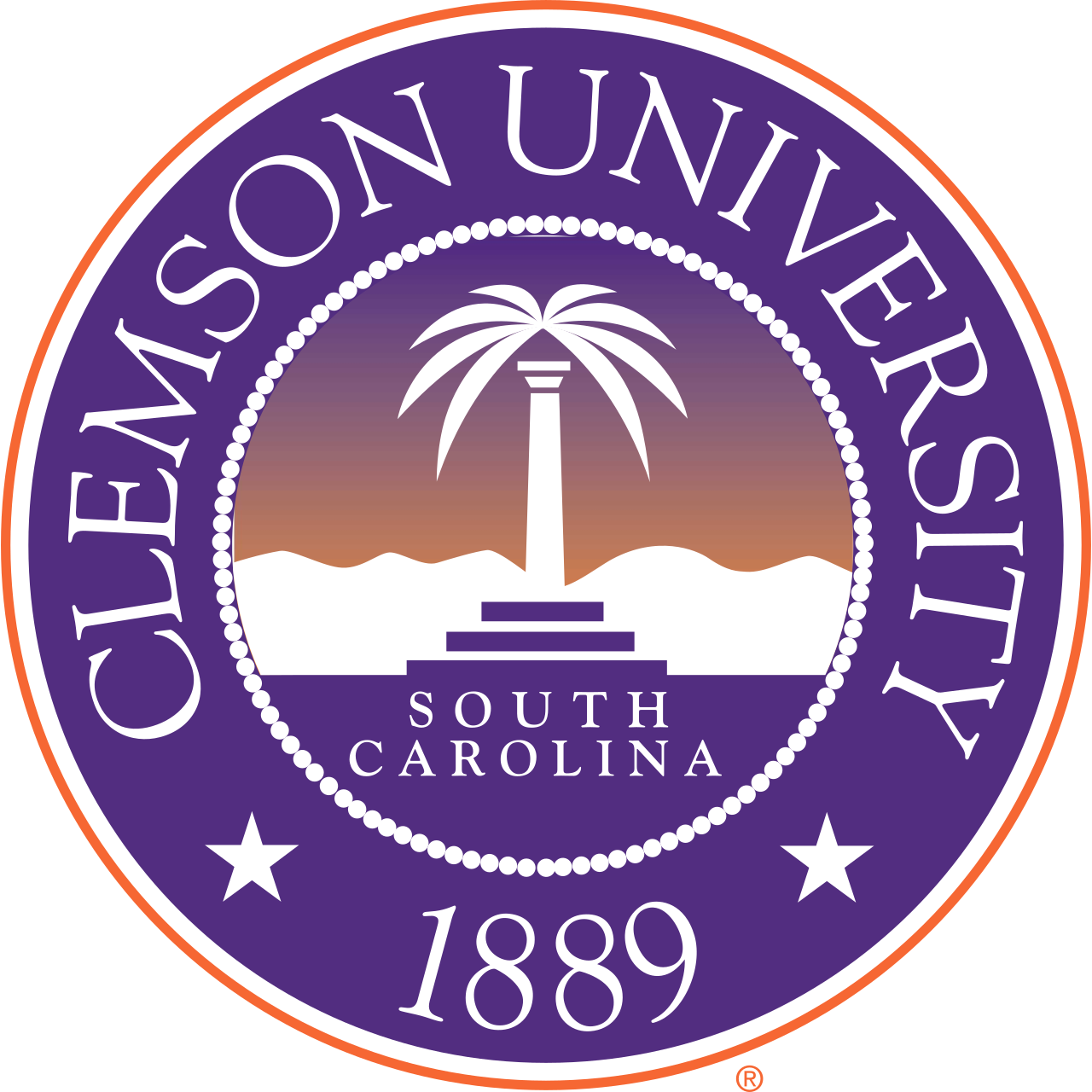 Official seal of Clemson University: a purple circle with text, an interior beaded ring, a palmetto tree, and year 1889.