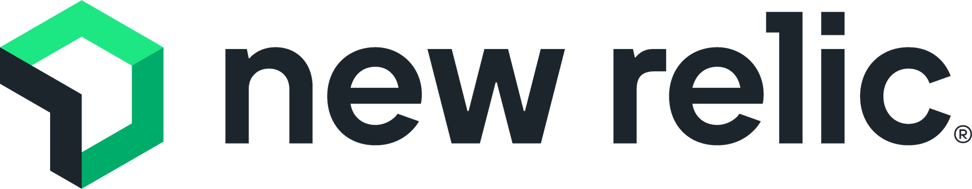 The New Relic logo featuring a dark grey text wordmark next to a stylized geometric hexagon icon in shades of green.