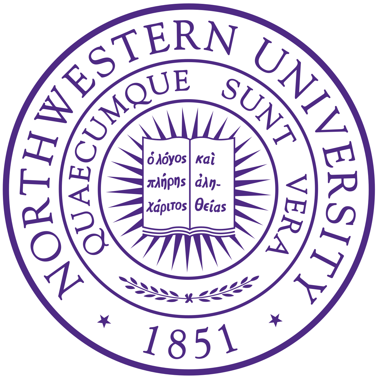 The purple circular Northwestern University seal, featuring an open book with Greek text, sun rays, and the year 1851.