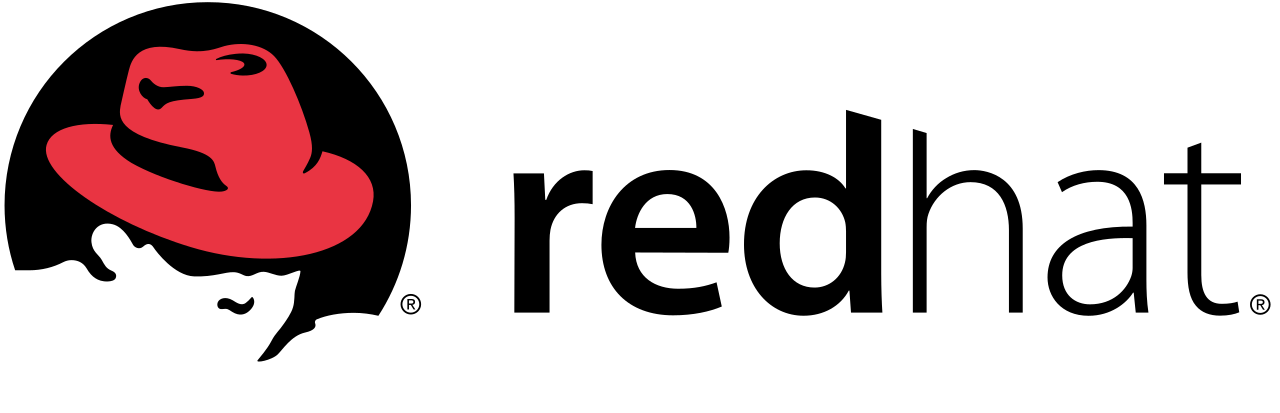 Red Hat logo featuring a stylized red fedora on a black background next to the company name in black text.
