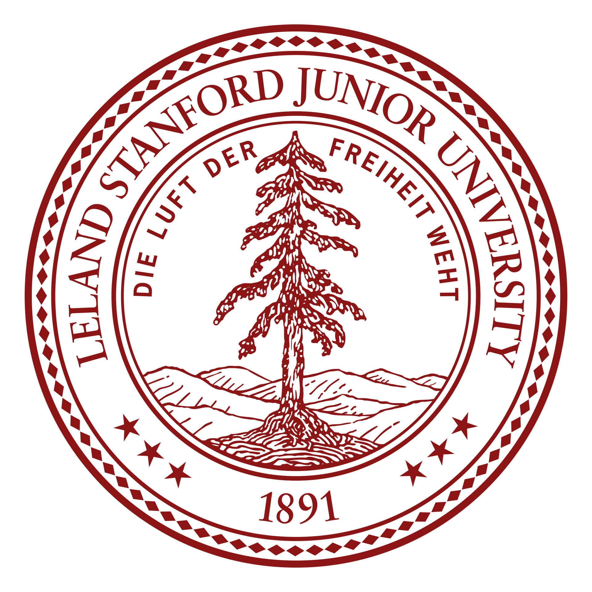 The Stanford University seal in maroon, featuring a pine tree, mountains, and the German motto, with