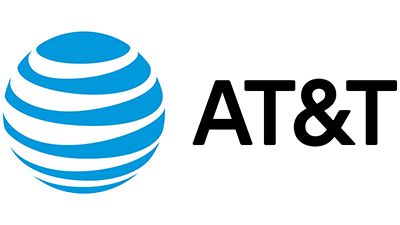 AT&T logo, featuring a blue globe with white horizontal stripes next to the black text