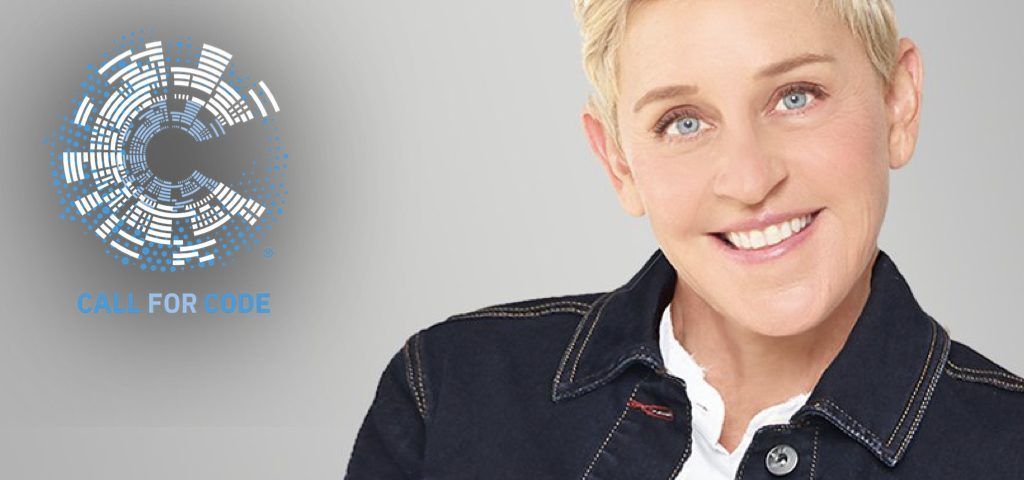 Ellen DeGeneres smiling next to a circular blue logo featuring a stylized C and the text