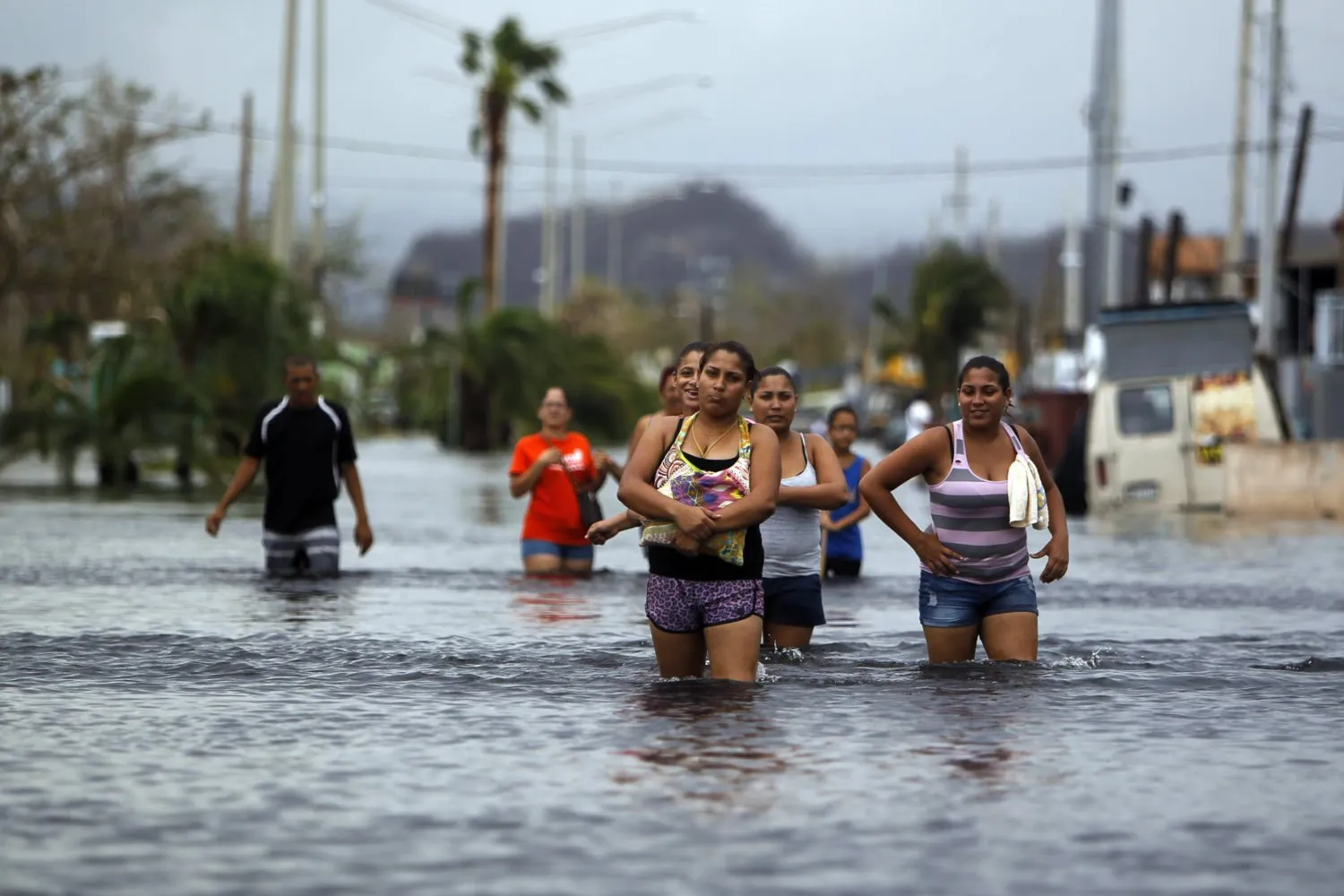 A group of people wading through floodwaters on a street, with palm trees and a mountain in the background.