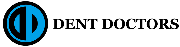Black and blue Dent Doctor logo. Circle within a circle, divided vertically. Blue "D" on the right, black on the left.