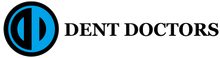 Black and blue Dent Doctor logo. Circle within a circle, divided vertically. Blue "D" on the right, black on the left.