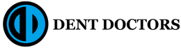 Black and blue Dent Doctor logo. Circle within a circle, divided vertically. Blue "D" on the right, black on the left.