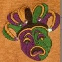 Mardi Gras mask: green and purple, sad expression, jester hat, gold and silver accents.