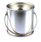Silver metal paint can with a handle.