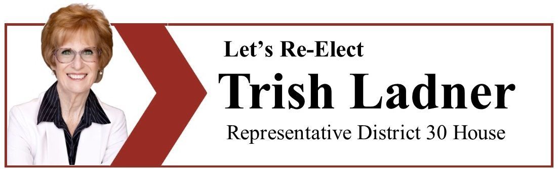 Political advertisement for Trish Ladner. Smiling woman with glasses. Text: