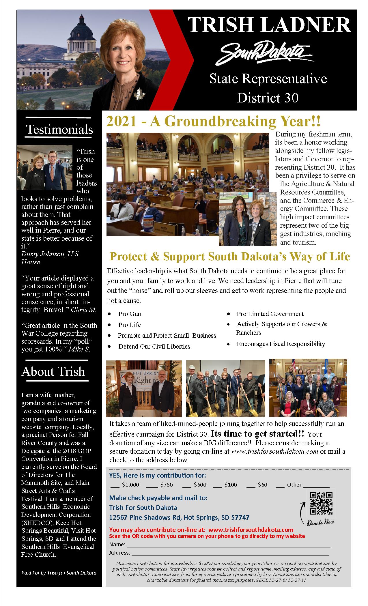 Newsletter for Trish Ladner, includes photos of her in the capitol, with others, and text about the year's events.
