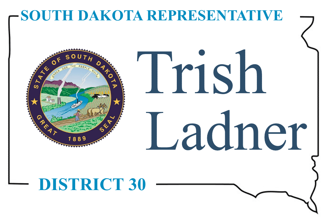 South Dakota Representative Trish Ladner, District 30, with state seal and outline map.