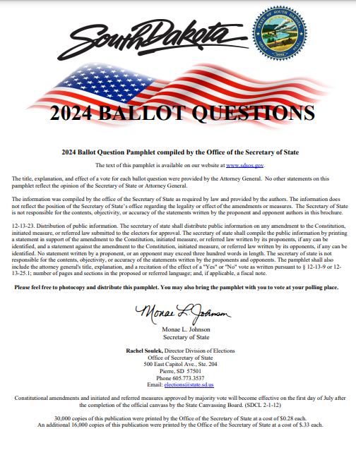 South Dakota 2024 Ballot Questions document with the U.S. flag and the state seal.