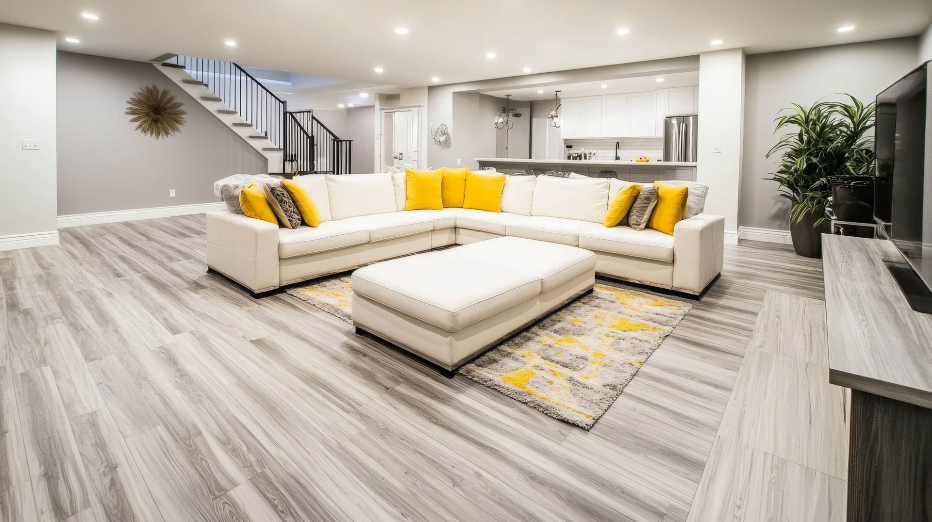 Modern basement with white sectional sofa, yellow pillows, and grey luxury vinyl flooring by tanin.