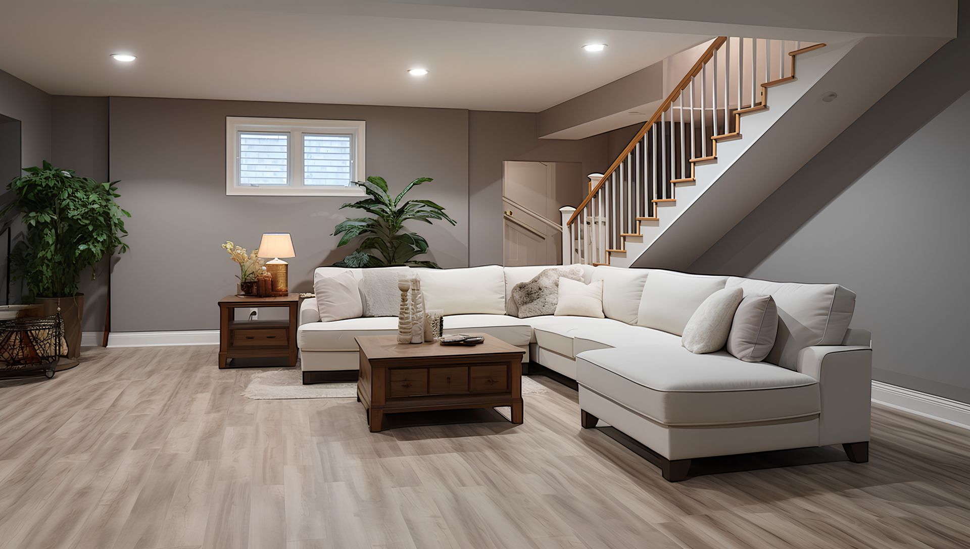 Luxury basement featuring a white sectional sofa and durable Gray-toned luxury vinyl flooring. Luxury basement featuring a white sectional sofa and durable Gray-toned luxury vinyl flooring.