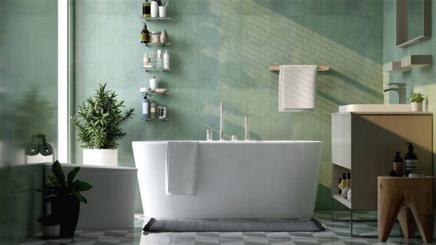 A bathroom with a tub , sink , and mirror.