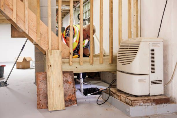 A man is working on a staircase in a basement under construction.