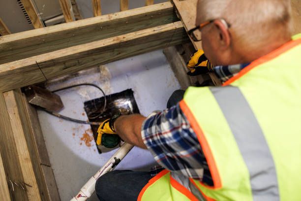 A man in a yellow vest is working on a hole in the floor.