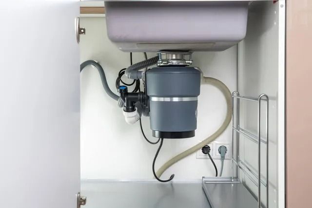 A kitchen sink with a garbage disposal underneath it.