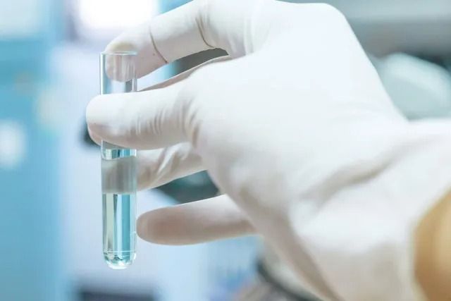 A person wearing gloves is holding a test tube in their hand.