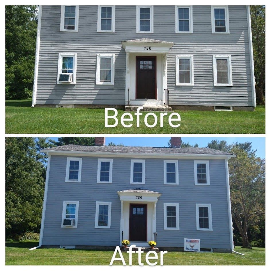 Before-and-after front view of a gray house painted blue with updated trim and porch.