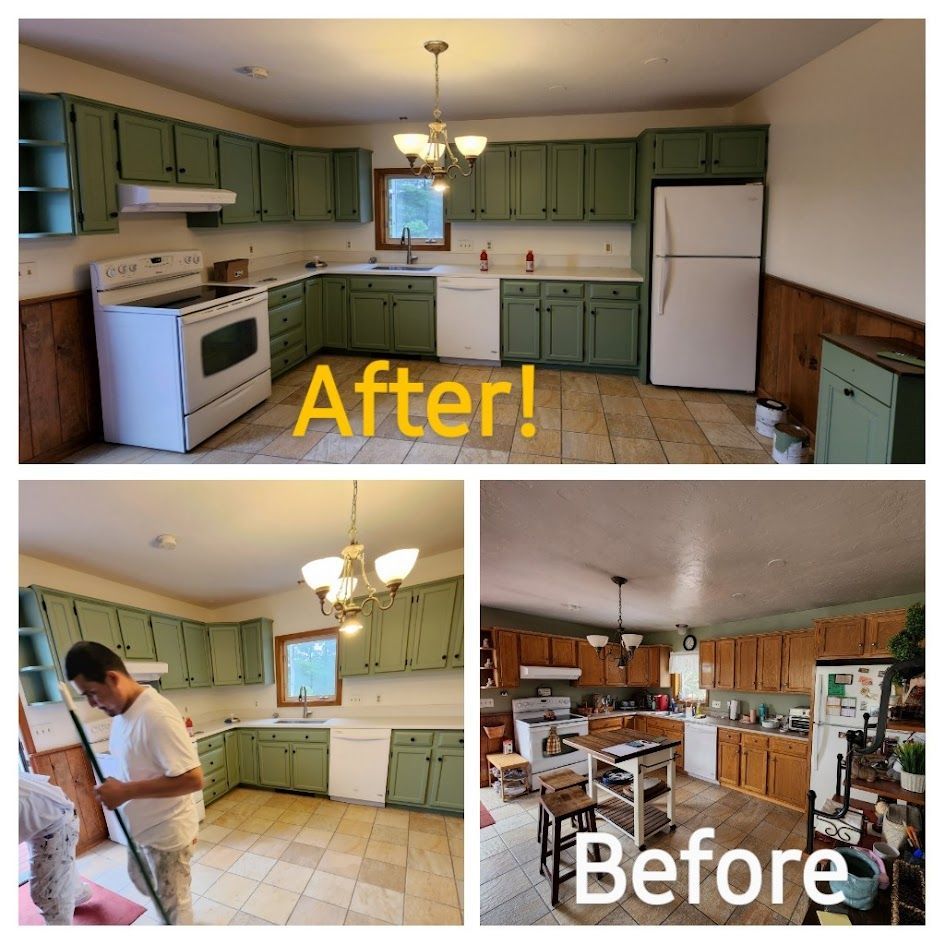 Kitchen before-and-after collage: green cabinets and white appliances in a renovated kitchen.