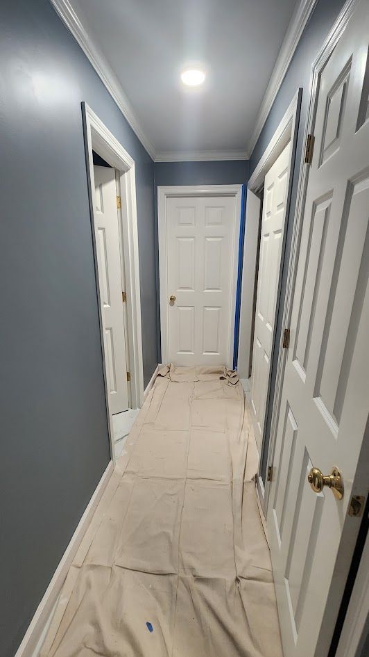 Narrow hallway with blue walls, white doors, and floors covered by a protective drop cloth during painting.
